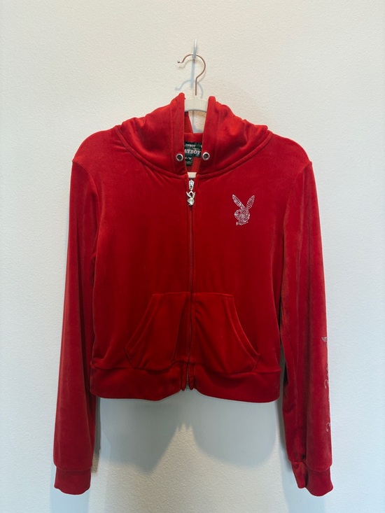 PLAYBOY Tops - PLAYBOY Red Velour Hoodie Jacket